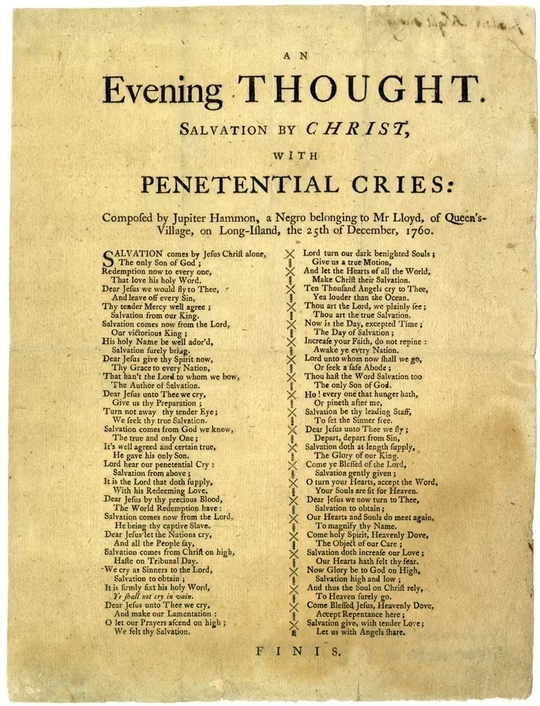 An image of an early published version of Hammon’s first published work on a old, yellowed piece of paper. You can read the full text here. Image Source: NY Historical Society