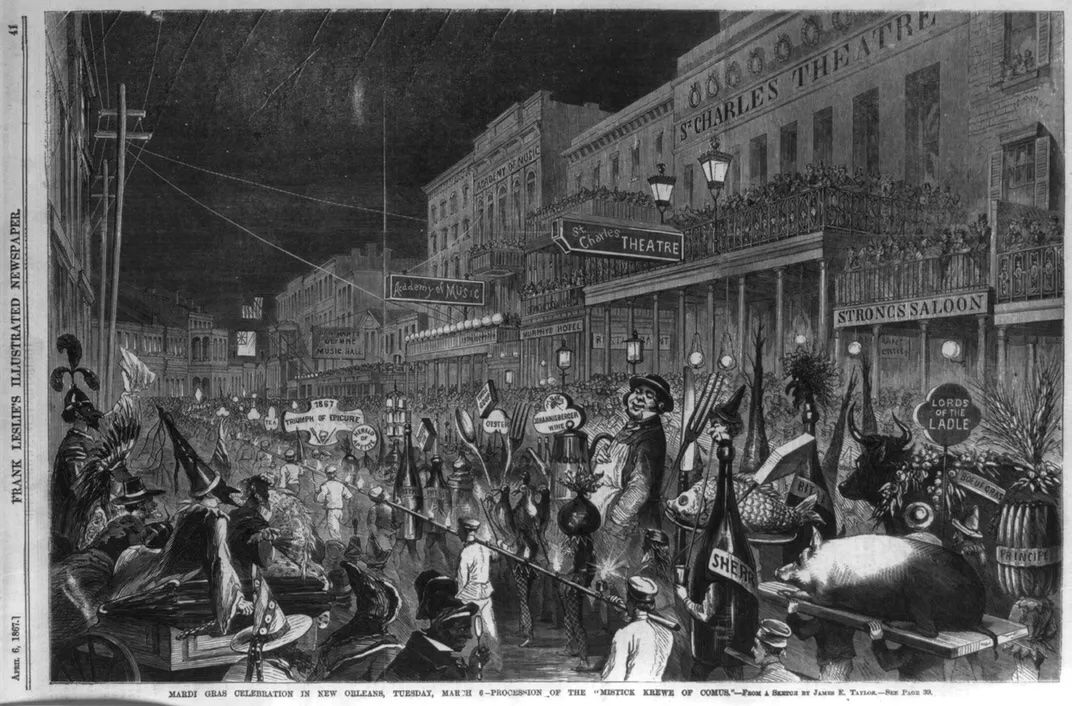 A black and white drawing of an 1867 Mardi Gras celebration featuring the Mistick Krewe of Comus. Image Source: Public domain via Wikimedia Commons