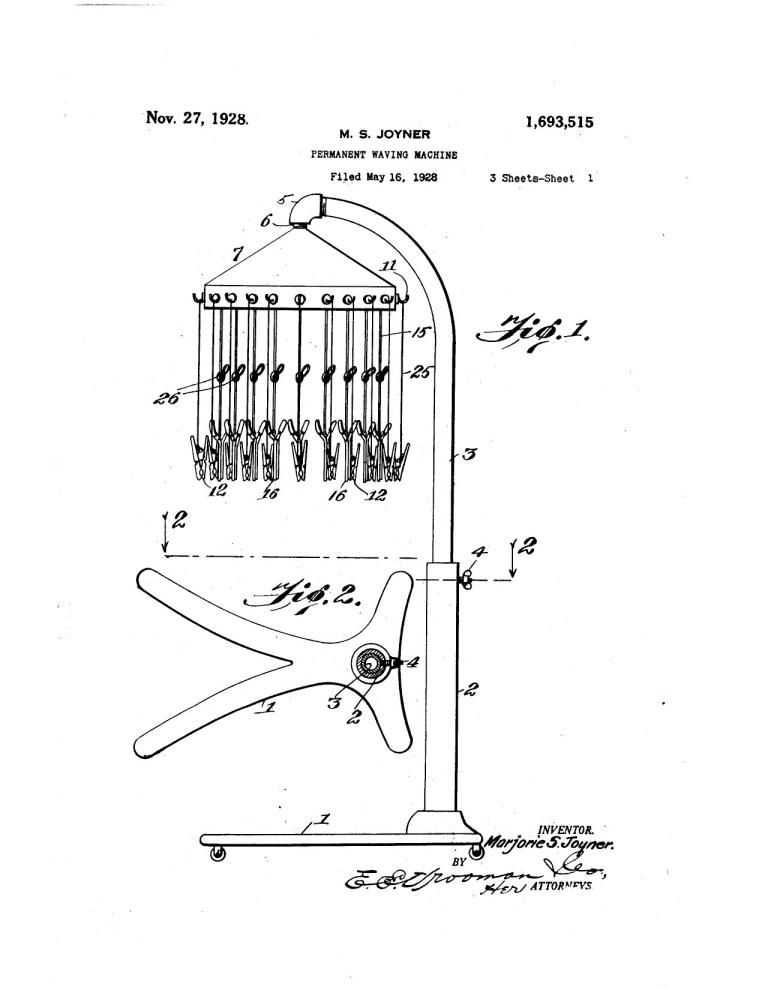 An image of the original patent submitted by Joyner, referred to as “Petition for permanent waving machine patent, May 16, 1928.” Image Source: National Archives at Kansas City, Records of the Patent