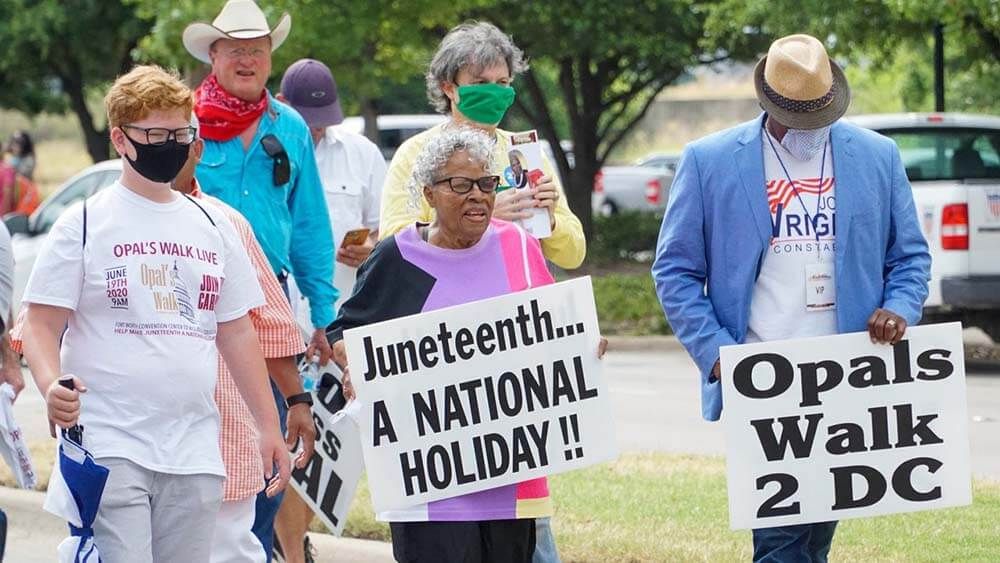 A photo of Opal Lee (center) leading a two-and-a-half mile walk in Fort Worth in 2020 to promote Juneteenth becoming a national holiday. Photo by Austin James for PCMA.