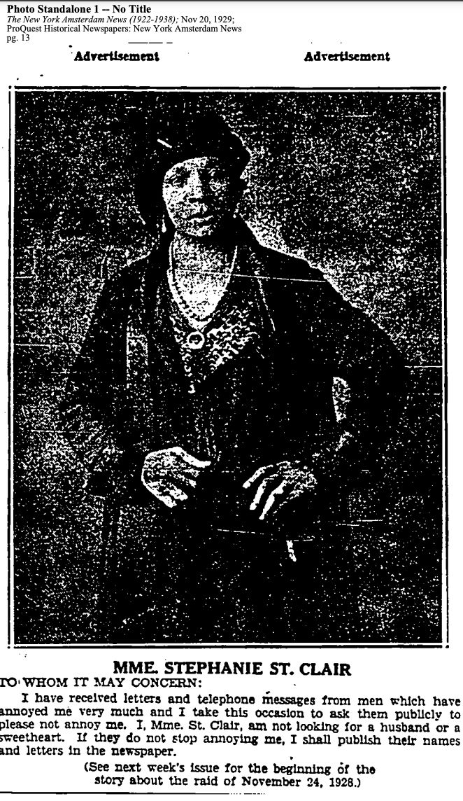 Screenshot from the Amsterdam News archives of an ad that St. Clair paid for in the paper to dissuade prospective suitors. Photo Source: Black Quotidian