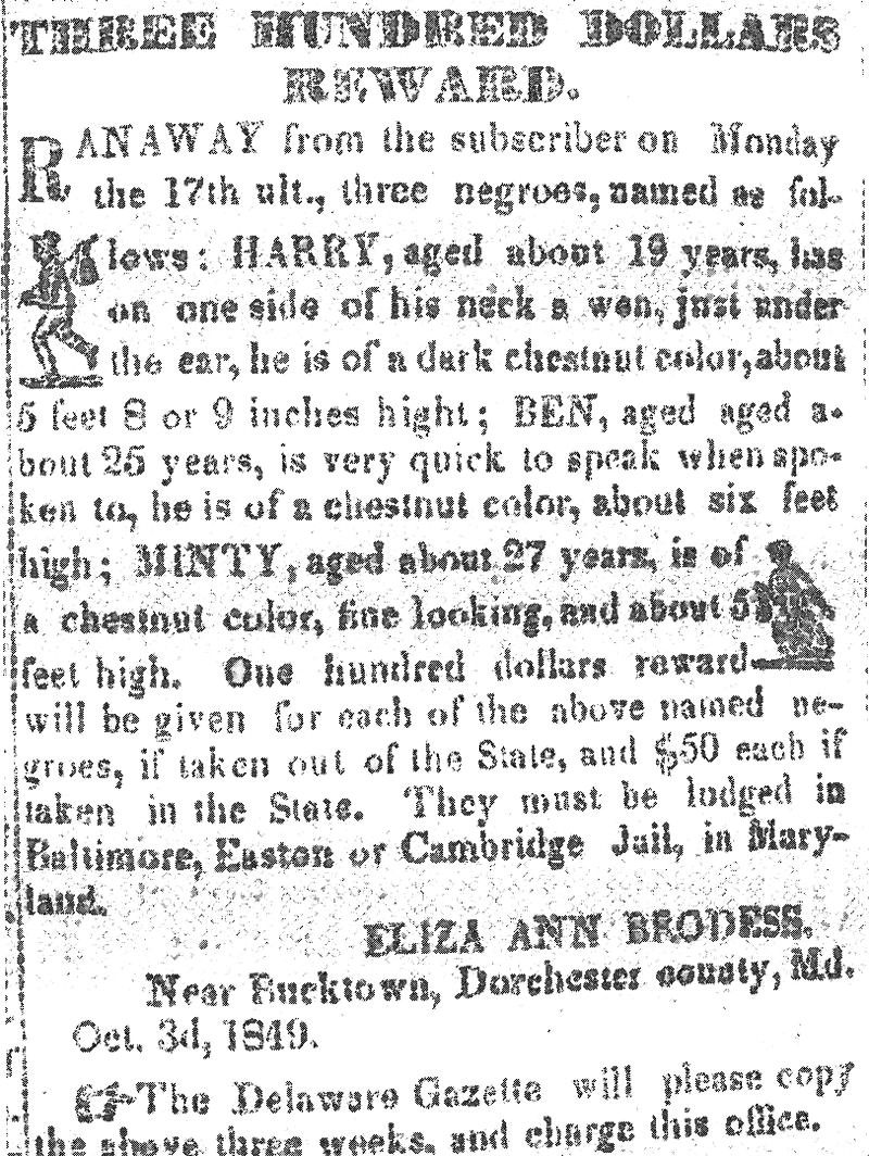 An image of a black and white notice published in the newspaper Cambridge Democrat (1849), offering a reward for the return of Harriet Tubman’s two brothers, posted 3 October 1849. Image Source: Wikim
