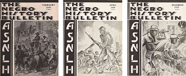 An image of three photographs of the covers of Negro History Bulletins, each depicting different moments in culture on their covers. Image Source: Teaching for Change