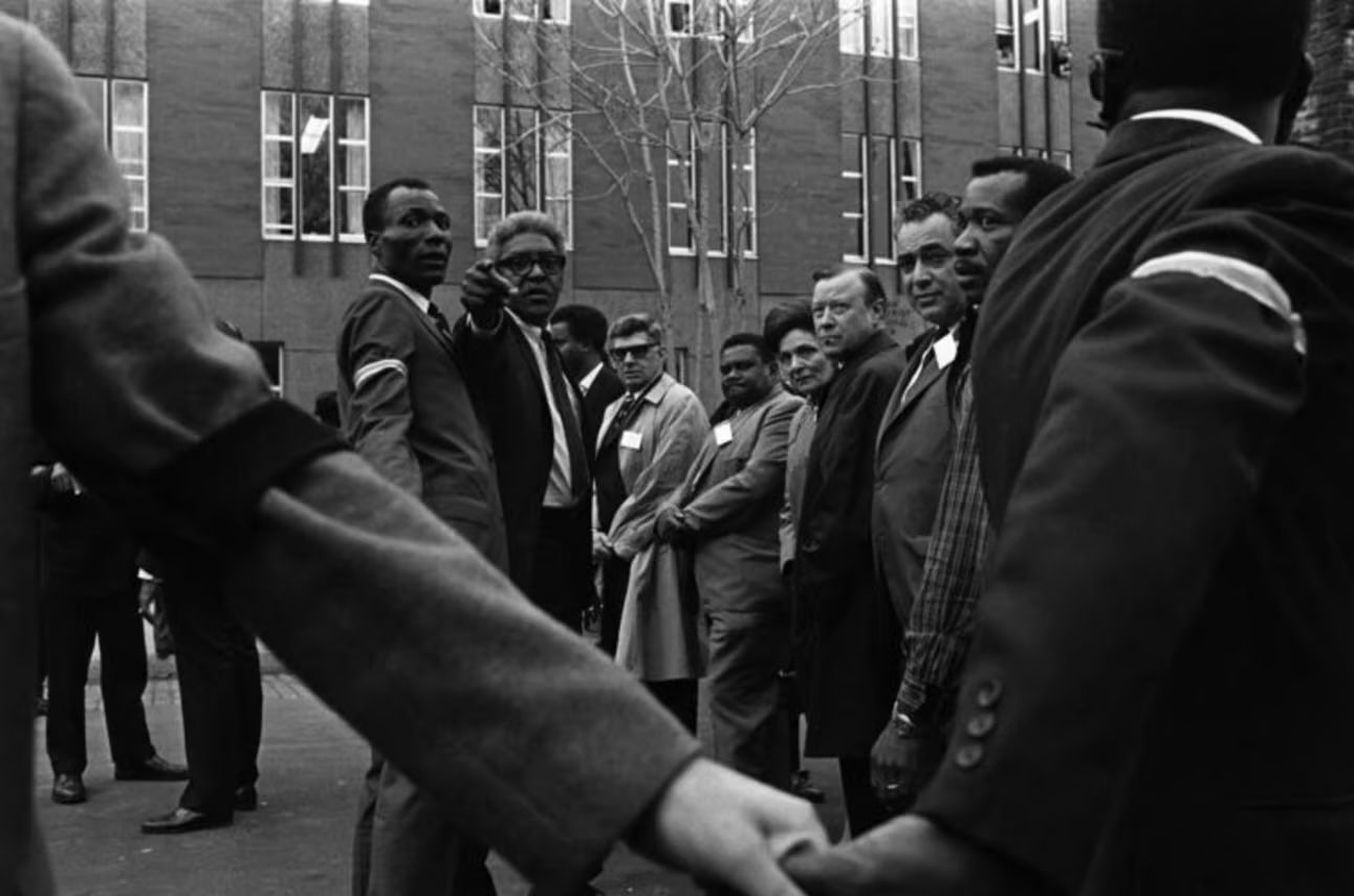 From left, William Lucy, Bayard Rustin and other union leaders organize a march in Memphis, Tenn., April 8, 1968, in honor of the Rev. Martin Luther King Jr., who was assassinated in Memphis four days