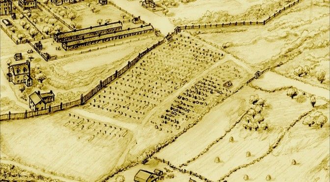 An illustration of the African Burial Ground from the 1700s, depicting rows and rows of tombstones on the right of a wall separating a more rural space from a more urban space. Image Source: NPS